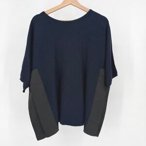 14th & Union Navy Blue Crew Neck Knit‎ Top with Black Satin Panel Accent Size S